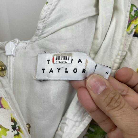 Tanya Taylor Size 8 Inez Dress‎ Linen Blend Floral Ruffle Flutter Sleeves Cream - Picture 6 of 12